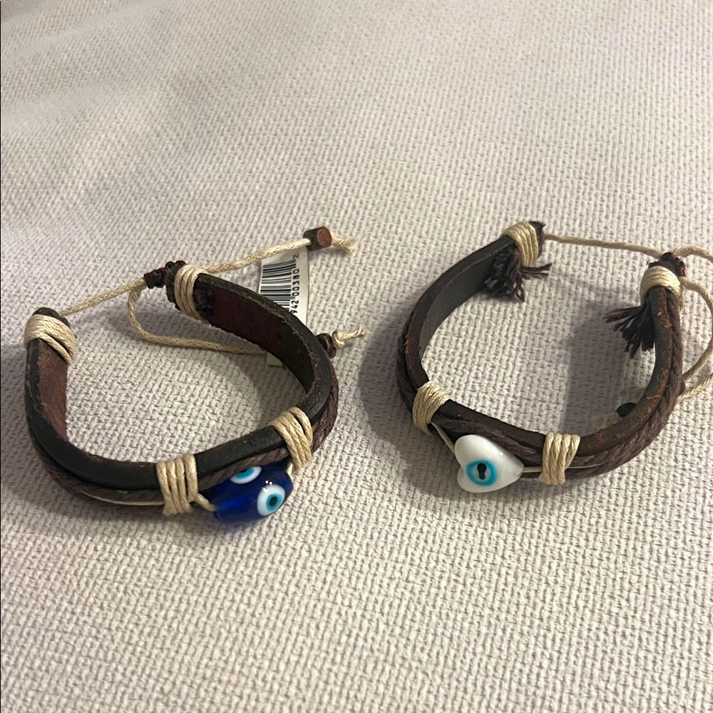 Brown Tan White Blue Leather Rope Evil Eye Spiritual Greek Bracelet Jewelry